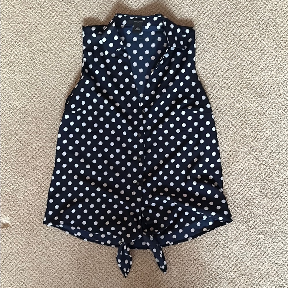 Ann Taylor Collared Polka Dot Sleeveless Blouse with Tie Size S